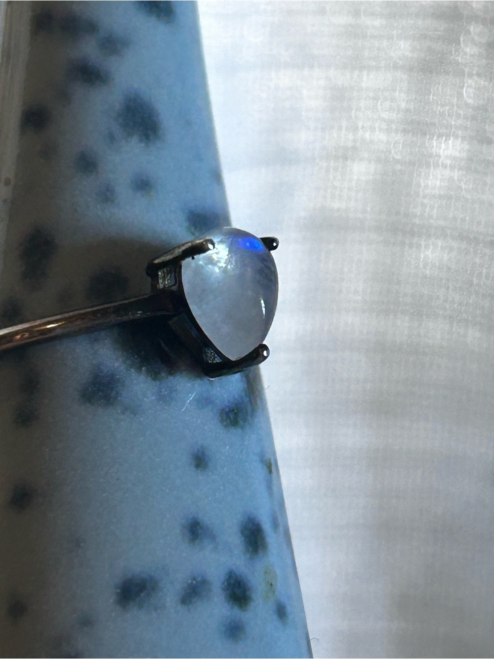 Silver Tone Teardrop Moonstone Ring in Blue Glow